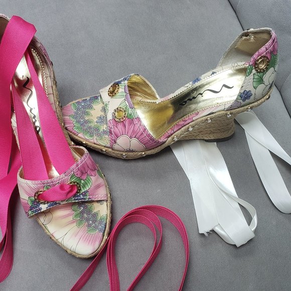 Nina Devin Floral Ribbon Tie Espadrille Wedges  Size 6 - Picture 3 of 10